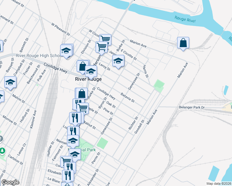 map of restaurants, bars, coffee shops, grocery stores, and more near 92 Batavia Street in River Rouge