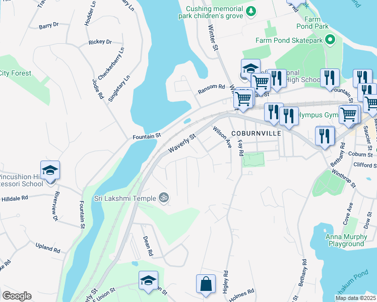 map of restaurants, bars, coffee shops, grocery stores, and more near 38 Vose Street in Framingham