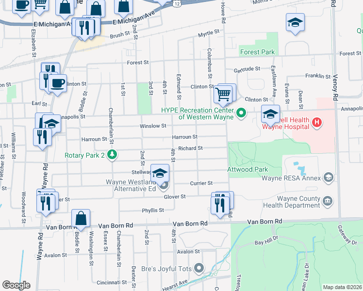 map of restaurants, bars, coffee shops, grocery stores, and more near 34251 Richard Street in Wayne