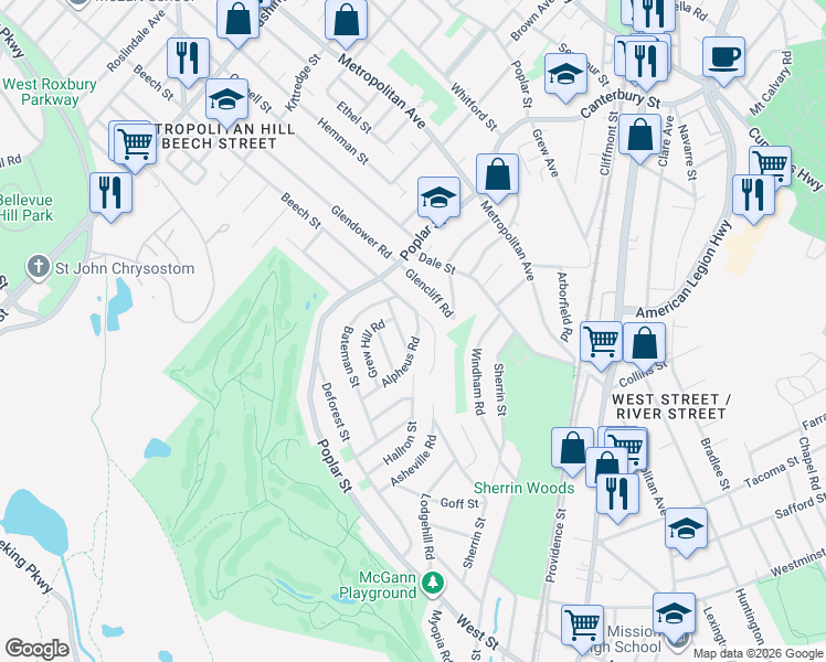 map of restaurants, bars, coffee shops, grocery stores, and more near 15 Alpheus Road in Boston
