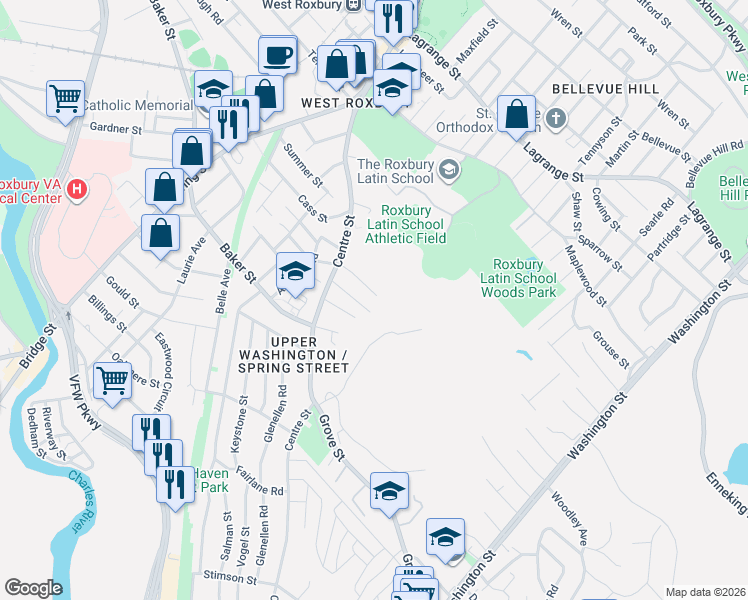 map of restaurants, bars, coffee shops, grocery stores, and more near 45 Centre Terrace in Boston