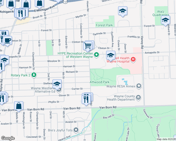 map of restaurants, bars, coffee shops, grocery stores, and more near 5024 Howe Road in Wayne