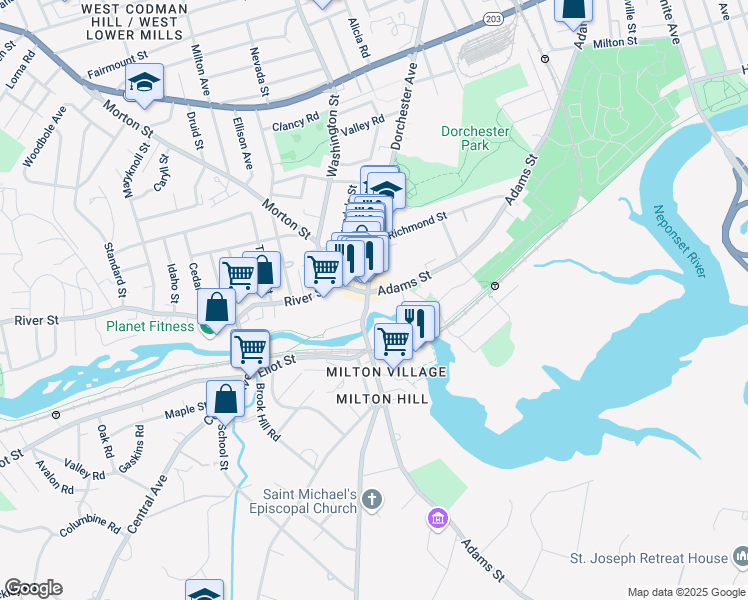 map of restaurants, bars, coffee shops, grocery stores, and more near 1230 Adams Street in Boston