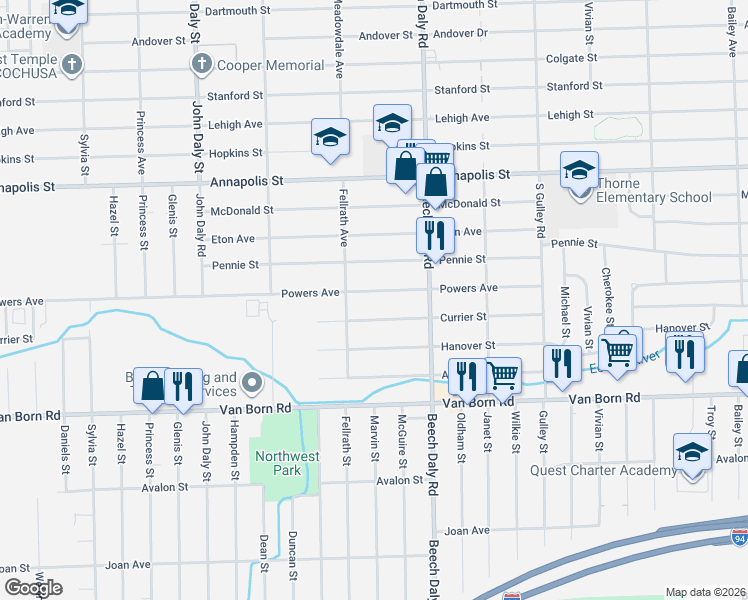 map of restaurants, bars, coffee shops, grocery stores, and more near 25986 Currier Street in Dearborn Heights