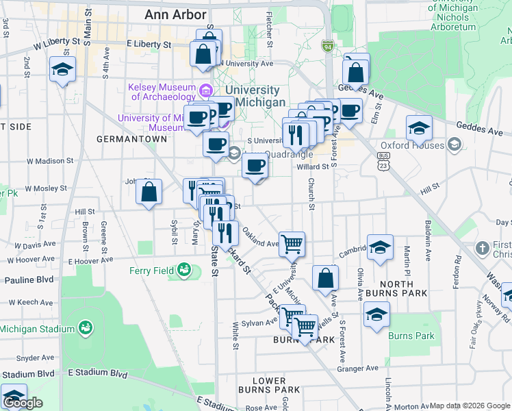 map of restaurants, bars, coffee shops, grocery stores, and more near Hill St & Tappan Ave in Ann Arbor