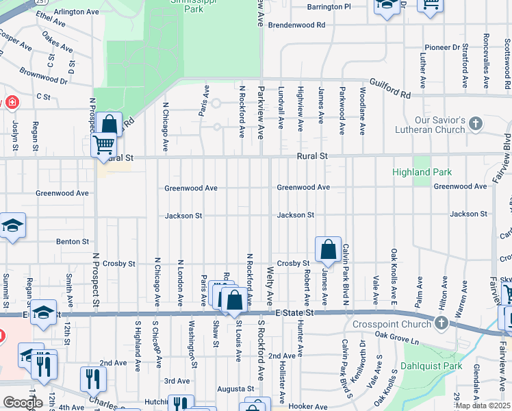 map of restaurants, bars, coffee shops, grocery stores, and more near 429 North Rockford Avenue in Rockford