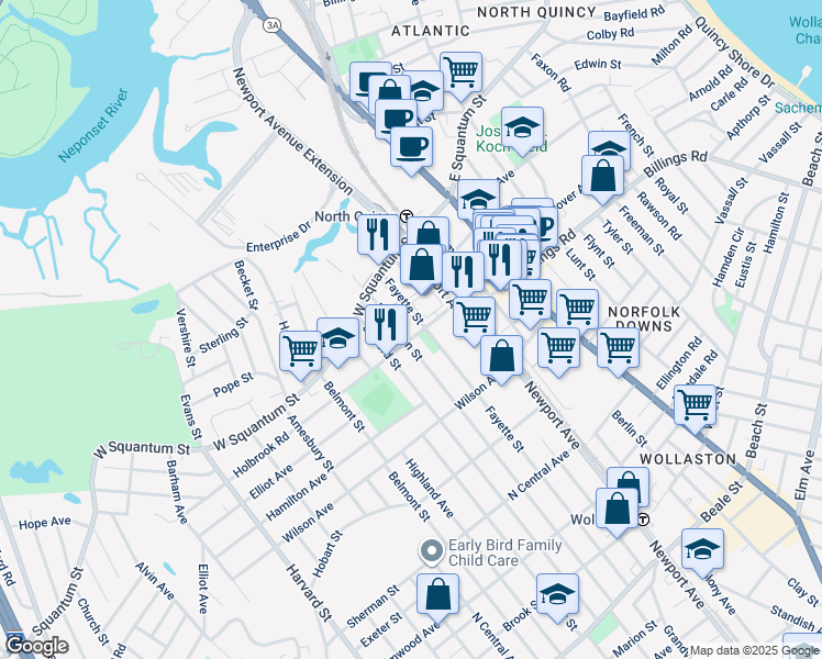 map of restaurants, bars, coffee shops, grocery stores, and more near 59 Farrington Street in Quincy