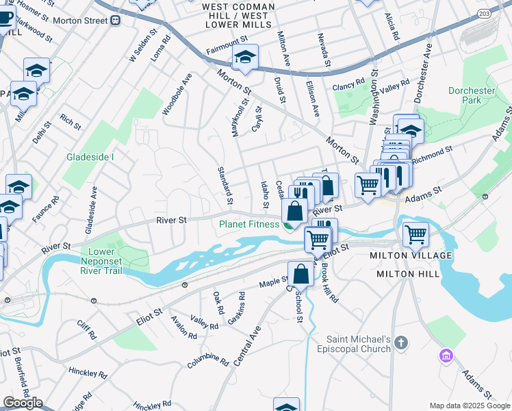 map of restaurants, bars, coffee shops, grocery stores, and more near 148a River Street in Boston