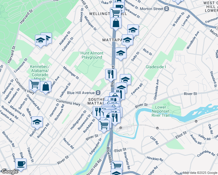 map of restaurants, bars, coffee shops, grocery stores, and more near 1531 Blue Hill Avenue in Boston