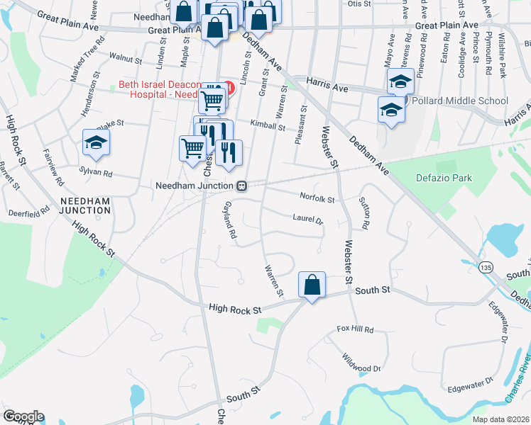 map of restaurants, bars, coffee shops, grocery stores, and more near 381 Warren Street in Needham