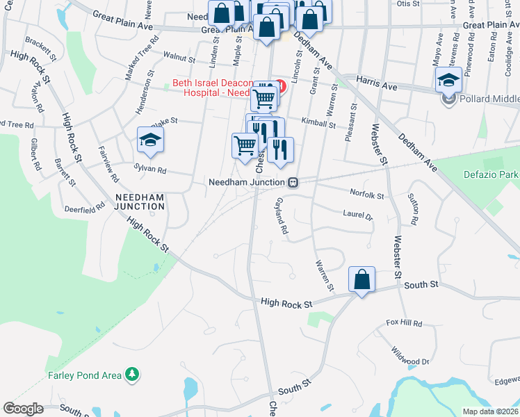 map of restaurants, bars, coffee shops, grocery stores, and more near 470 Chestnut Street in Needham