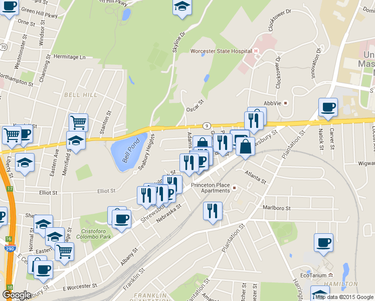 map of restaurants, bars, coffee shops, grocery stores, and more near 9 1/2 Creston Street in Worcester