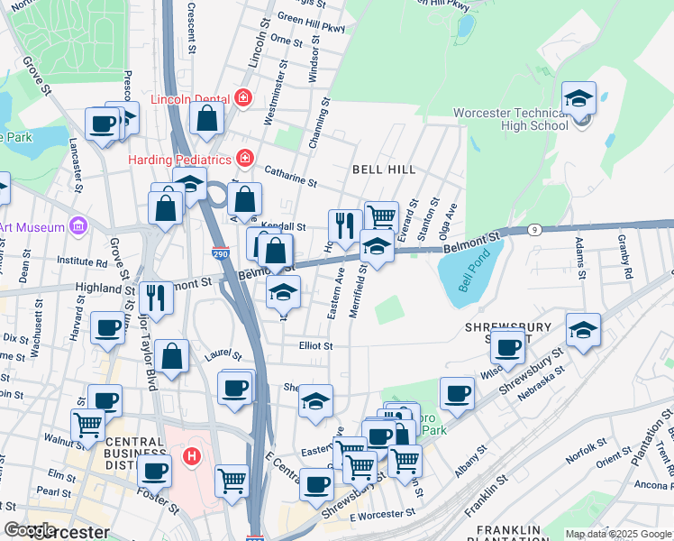 map of restaurants, bars, coffee shops, grocery stores, and more near 118 Eastern Avenue in Worcester