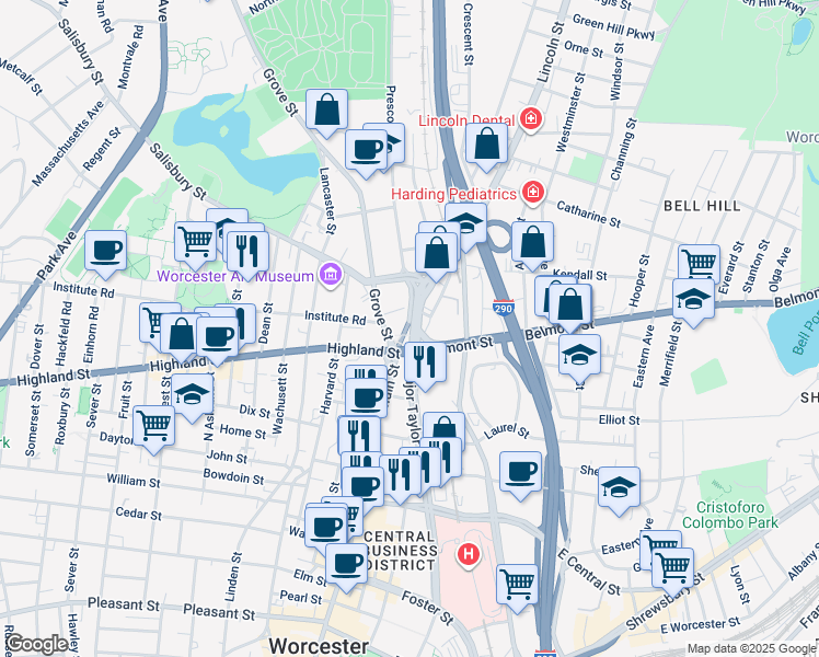 map of restaurants, bars, coffee shops, grocery stores, and more near in Worcester
