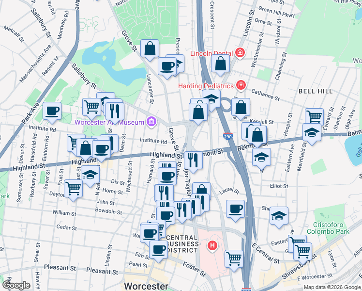 map of restaurants, bars, coffee shops, grocery stores, and more near in Worcester