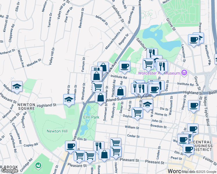 map of restaurants, bars, coffee shops, grocery stores, and more near 8 Hackfeld Road in Worcester