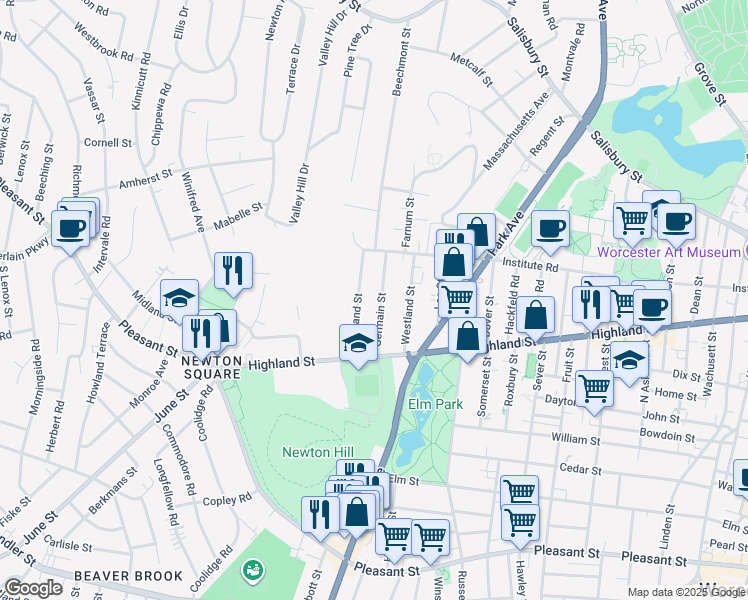 map of restaurants, bars, coffee shops, grocery stores, and more near 9 Germain Street in Worcester