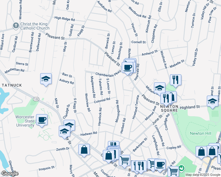 map of restaurants, bars, coffee shops, grocery stores, and more near 42 Morningside Road in Worcester