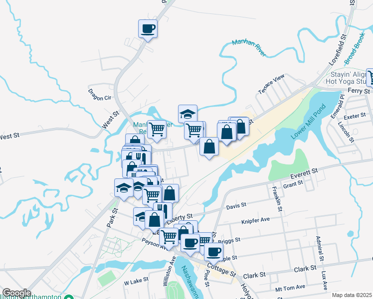 map of restaurants, bars, coffee shops, grocery stores, and more near 14 Hill Avenue in Easthampton