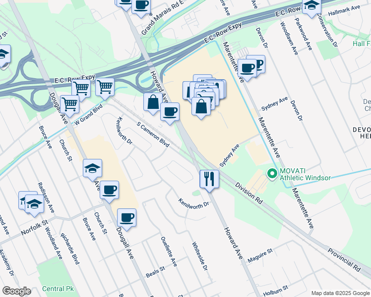 map of restaurants, bars, coffee shops, grocery stores, and more near 5399 South Cameron Boulevard in Windsor