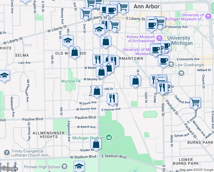 map of restaurants, bars, coffee shops, grocery stores, and more near 801 South Main Street in Ann Arbor