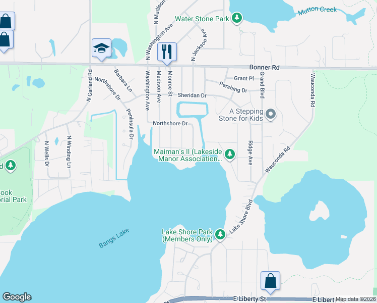 map of restaurants, bars, coffee shops, grocery stores, and more near 817 Edgewater Parkway in Wauconda