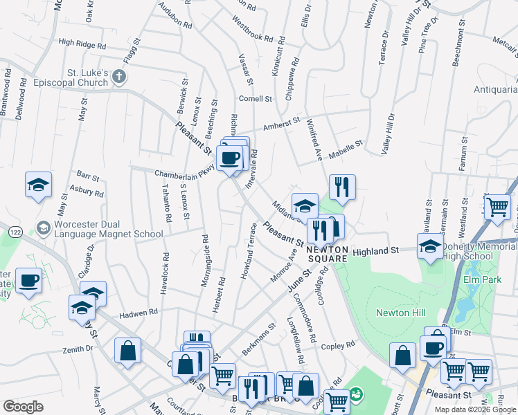 map of restaurants, bars, coffee shops, grocery stores, and more near 5 Elmwood Street in Worcester