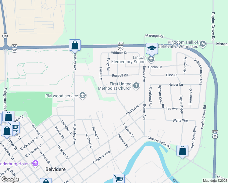map of restaurants, bars, coffee shops, grocery stores, and more near 506 Scotts Army Trail in Belvidere