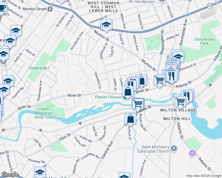map of restaurants, bars, coffee shops, grocery stores, and more near 148a River Street in Boston