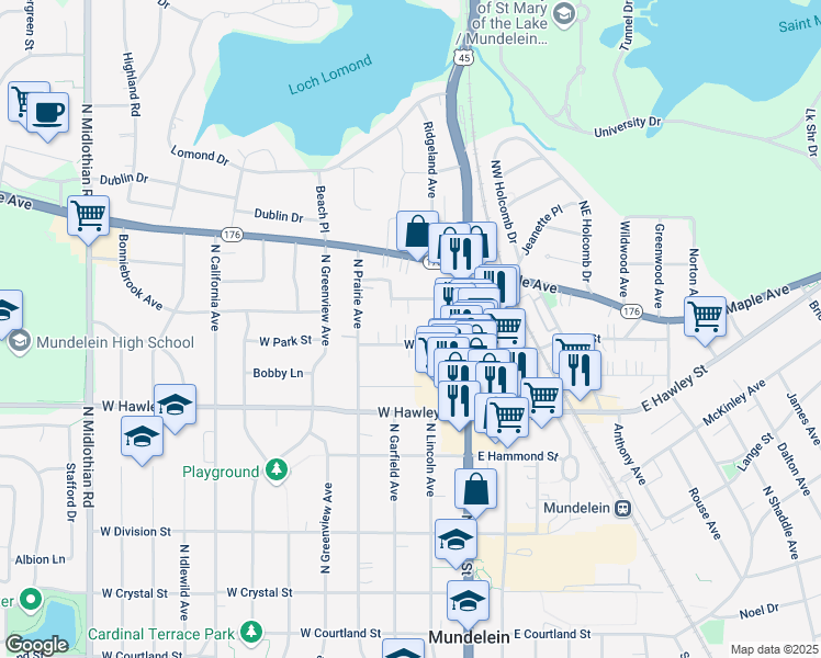 map of restaurants, bars, coffee shops, grocery stores, and more near 195 West Park Street in Mundelein