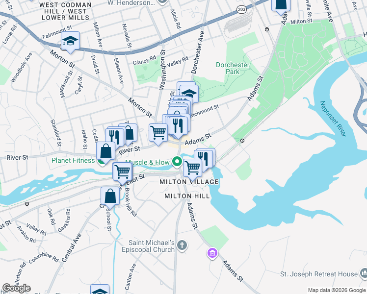 map of restaurants, bars, coffee shops, grocery stores, and more near 4 Adams Street in Milton