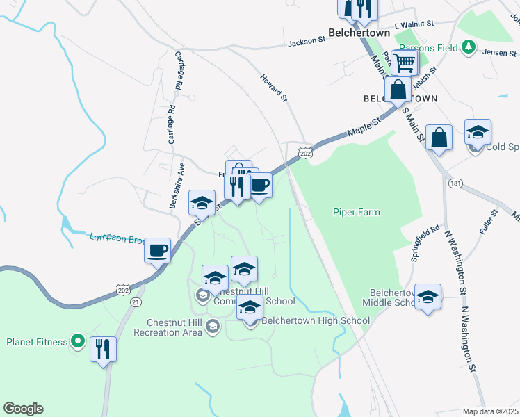 map of restaurants, bars, coffee shops, grocery stores, and more near 3 Stadler Street in Belchertown