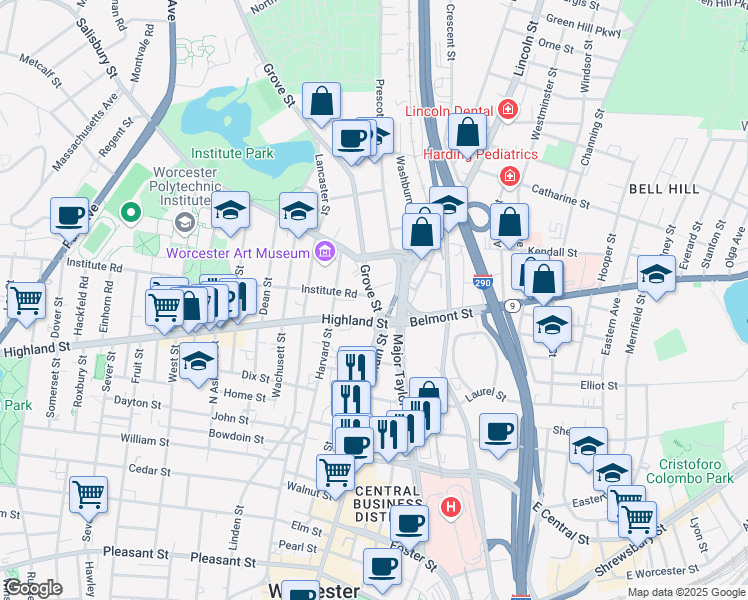 map of restaurants, bars, coffee shops, grocery stores, and more near 17 Grove Street in Worcester