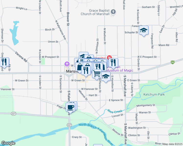 map of restaurants, bars, coffee shops, grocery stores, and more near 143 West Michigan Avenue in Marshall