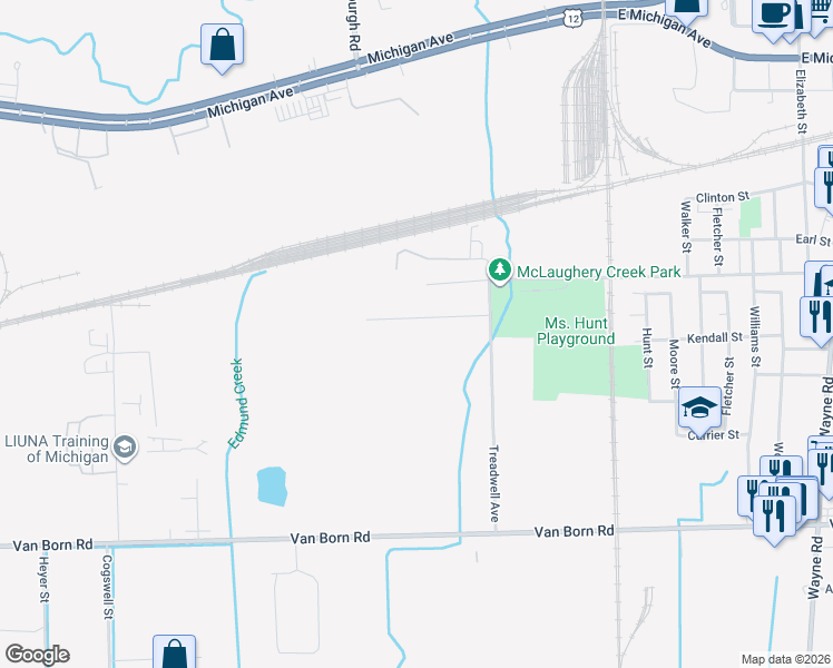 map of restaurants, bars, coffee shops, grocery stores, and more near 37145 Bendix Street in Wayne