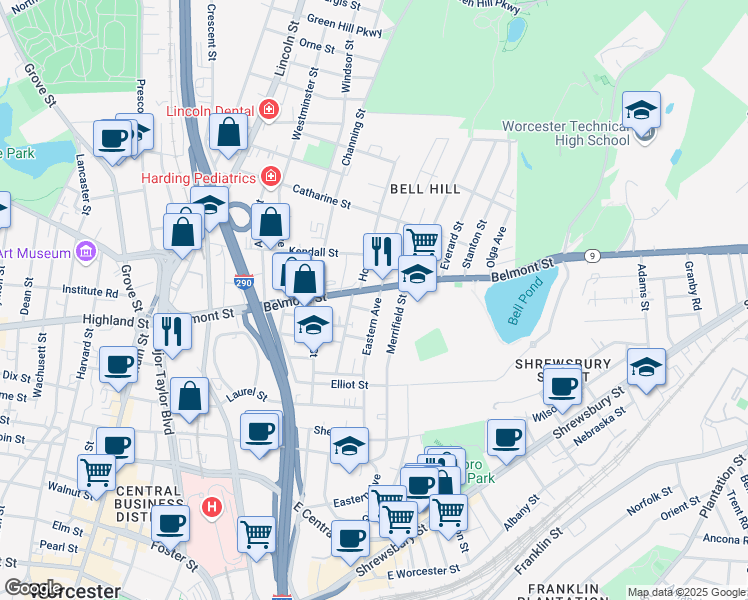 map of restaurants, bars, coffee shops, grocery stores, and more near 118 Eastern Avenue in Worcester