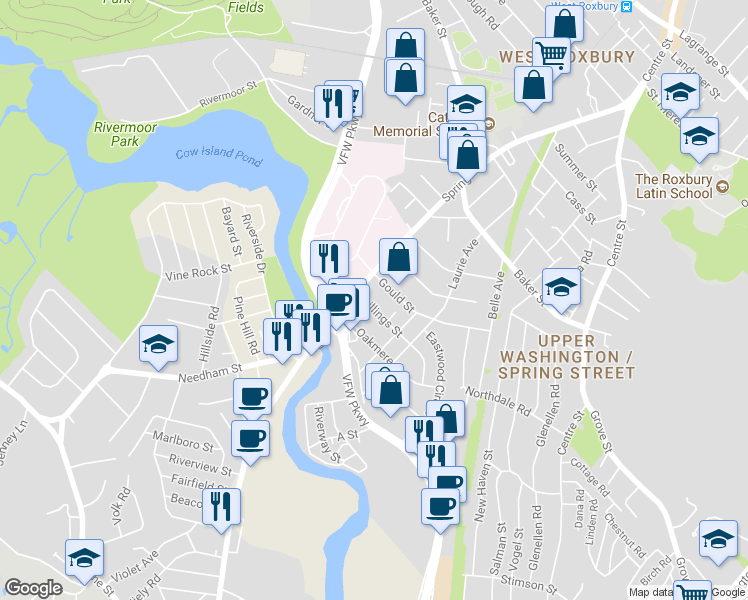 map of restaurants, bars, coffee shops, grocery stores, and more near 14 Billings Street in West Roxbury