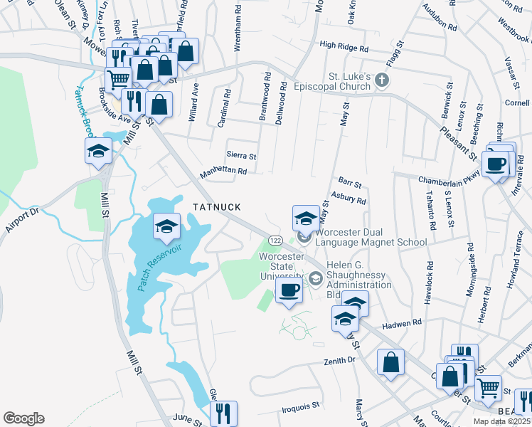 map of restaurants, bars, coffee shops, grocery stores, and more near 535 Chandler Street in Worcester