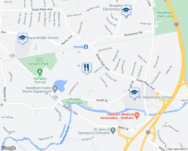 map of restaurants, bars, coffee shops, grocery stores, and more near 77 Green Street in Needham