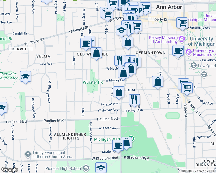 map of restaurants, bars, coffee shops, grocery stores, and more near 406 Nob Hill Court in Ann Arbor
