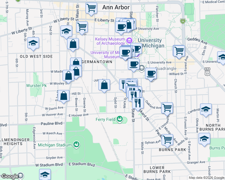 map of restaurants, bars, coffee shops, grocery stores, and more near 425 Hill Street in Ann Arbor