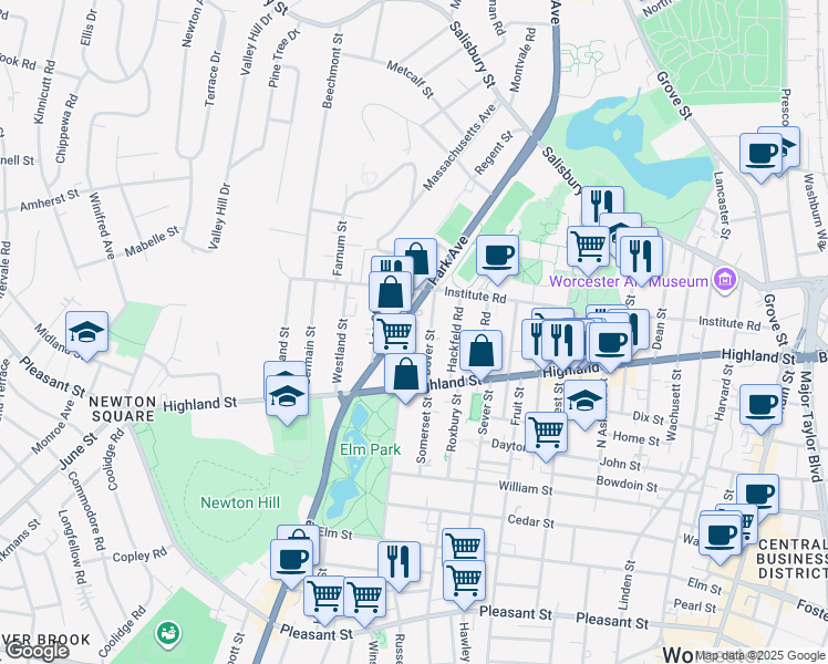 map of restaurants, bars, coffee shops, grocery stores, and more near 186 Russell Street in Worcester