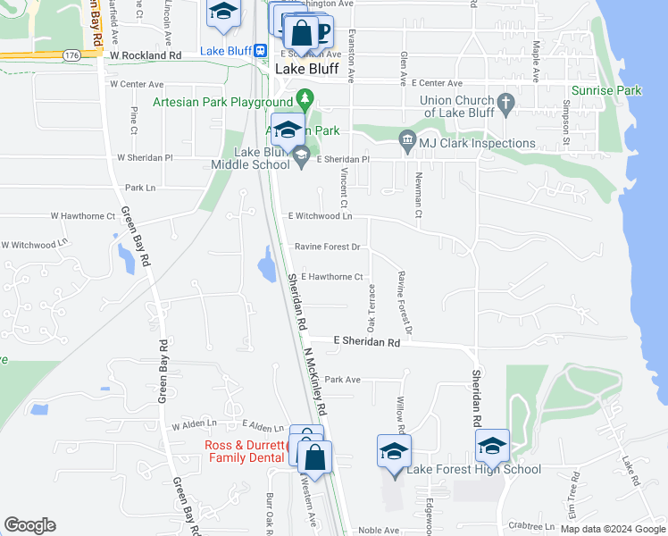 map of restaurants, bars, coffee shops, grocery stores, and more near 120 East Hawthorne Court in Lake Bluff