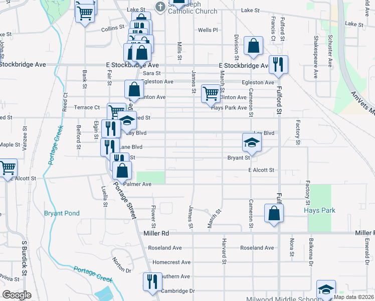 map of restaurants, bars, coffee shops, grocery stores, and more near 1120 Bryant Street in Kalamazoo