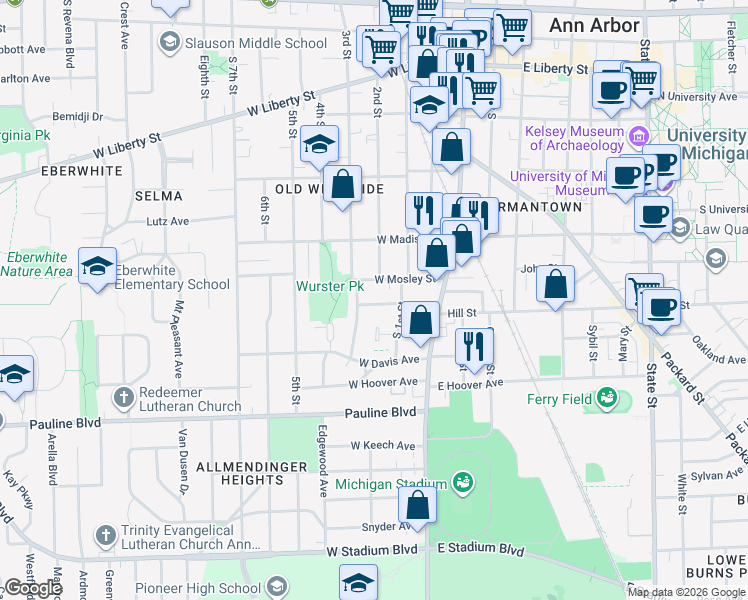 map of restaurants, bars, coffee shops, grocery stores, and more near 402 Koch Avenue in Ann Arbor