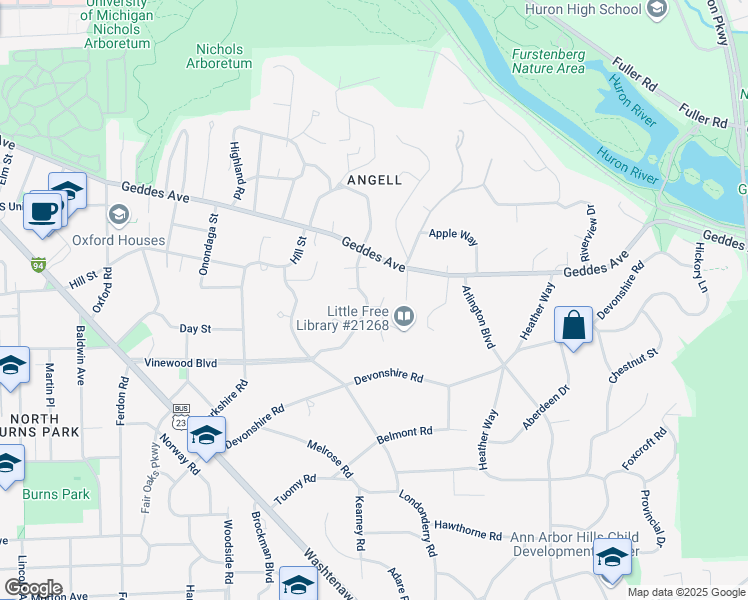 map of restaurants, bars, coffee shops, grocery stores, and more near 1 Heatheridge Street in Ann Arbor