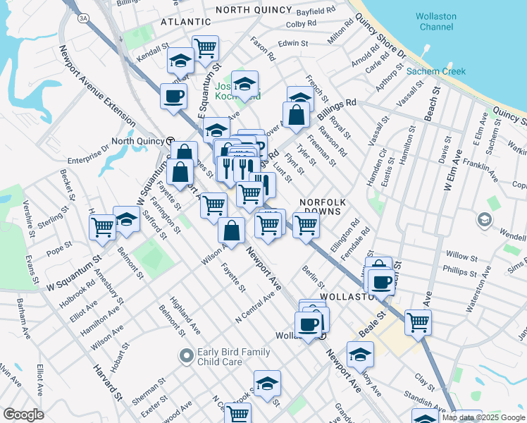 map of restaurants, bars, coffee shops, grocery stores, and more near 455 Hancock Street in Quincy