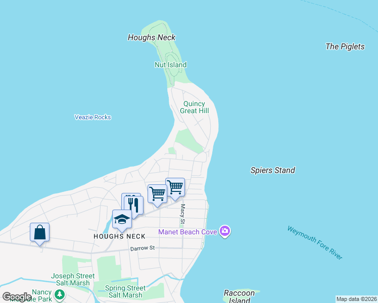 map of restaurants, bars, coffee shops, grocery stores, and more near in Quincy