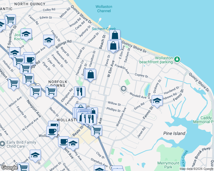 map of restaurants, bars, coffee shops, grocery stores, and more near in Quincy