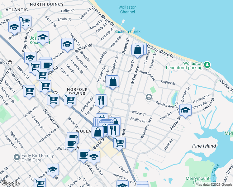 map of restaurants, bars, coffee shops, grocery stores, and more near 30 Muirhead Street in Quincy